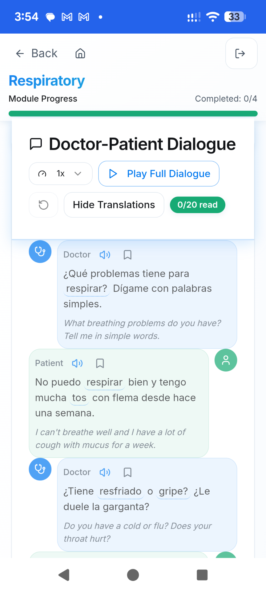 Real screen from the Respiratory module: a doctor–patient dialogue in Spanish with English translations, audio playback, and module progress tracking