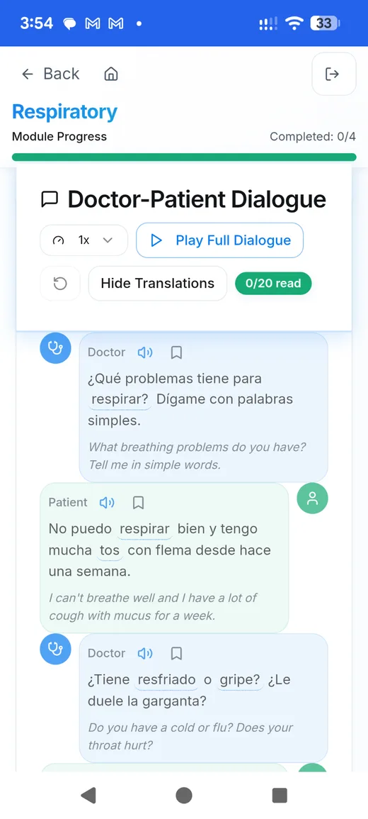 Respiratory module: a real doctor-patient dialogue with Spanish and English side by side
