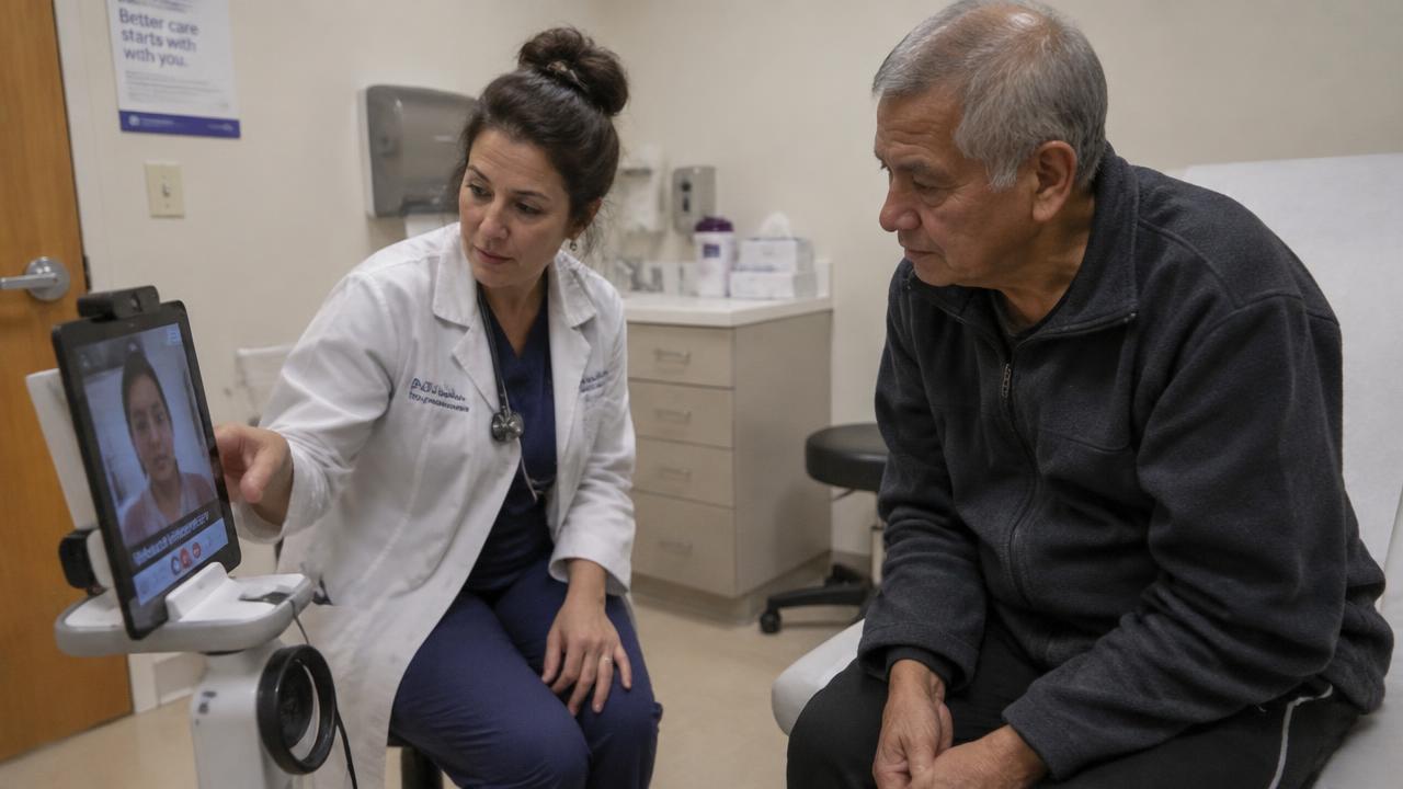 Physician, patient, and interpreter using a tablet video interpreter in a bright clinic exam room