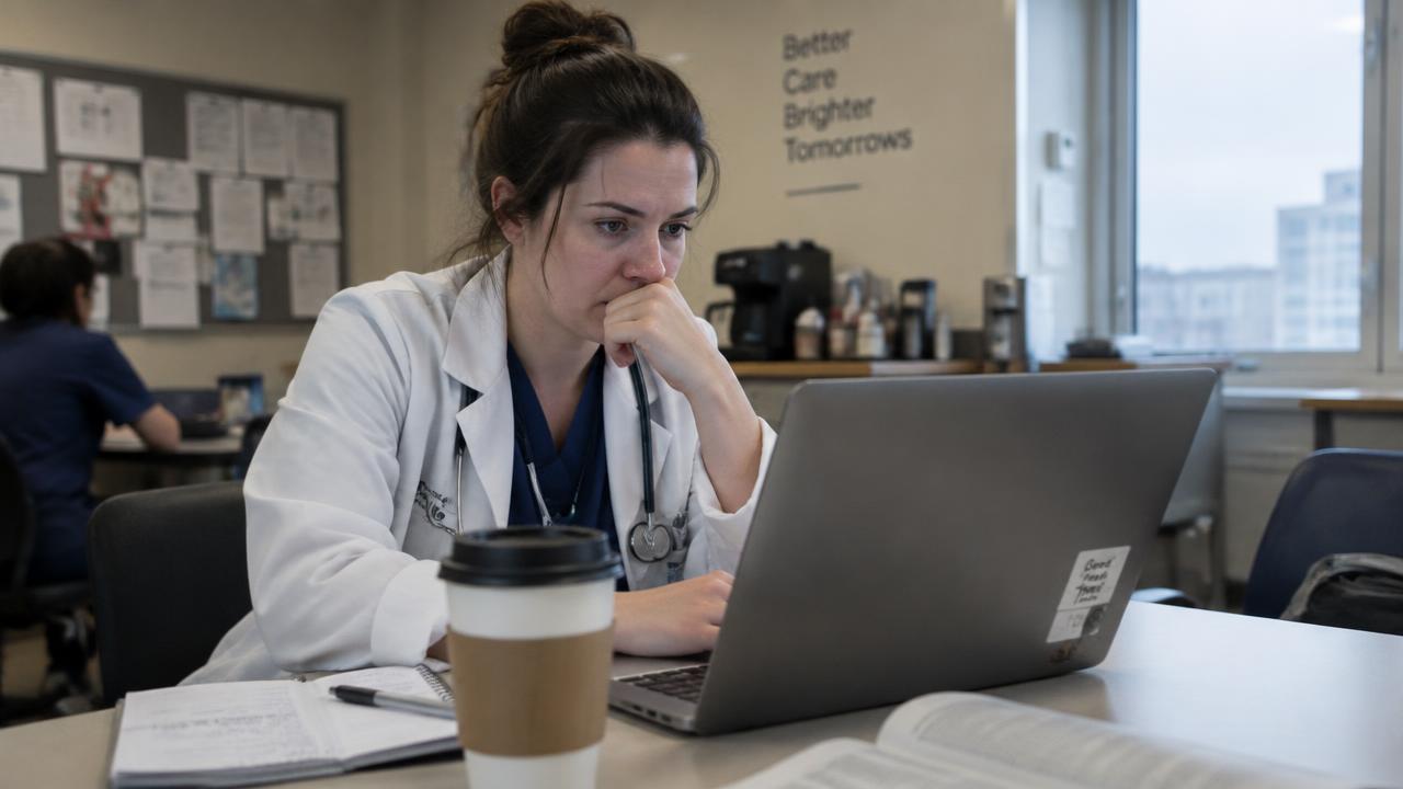 Physician in a white coat studying Medical Spanish CME modules on a laptop at a sunlit desk