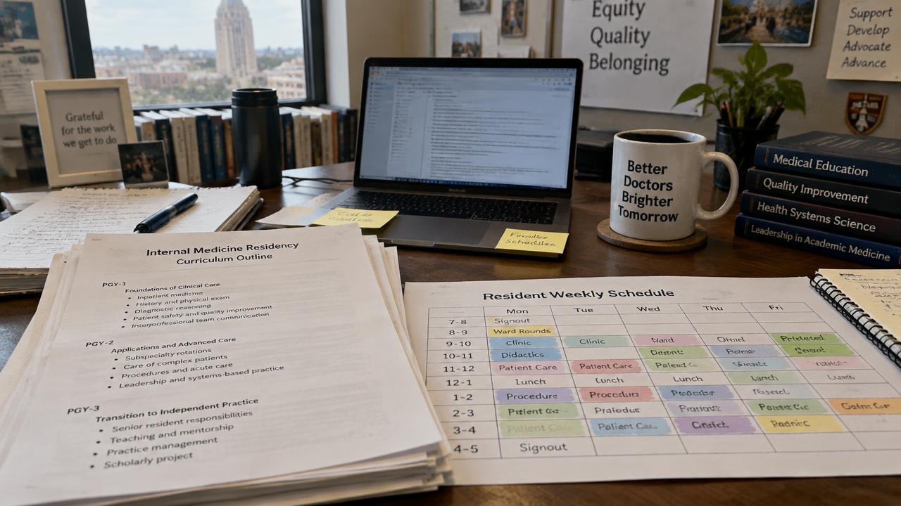 Program director reviewing a structured Medical Spanish curriculum map alongside a resident schedule
