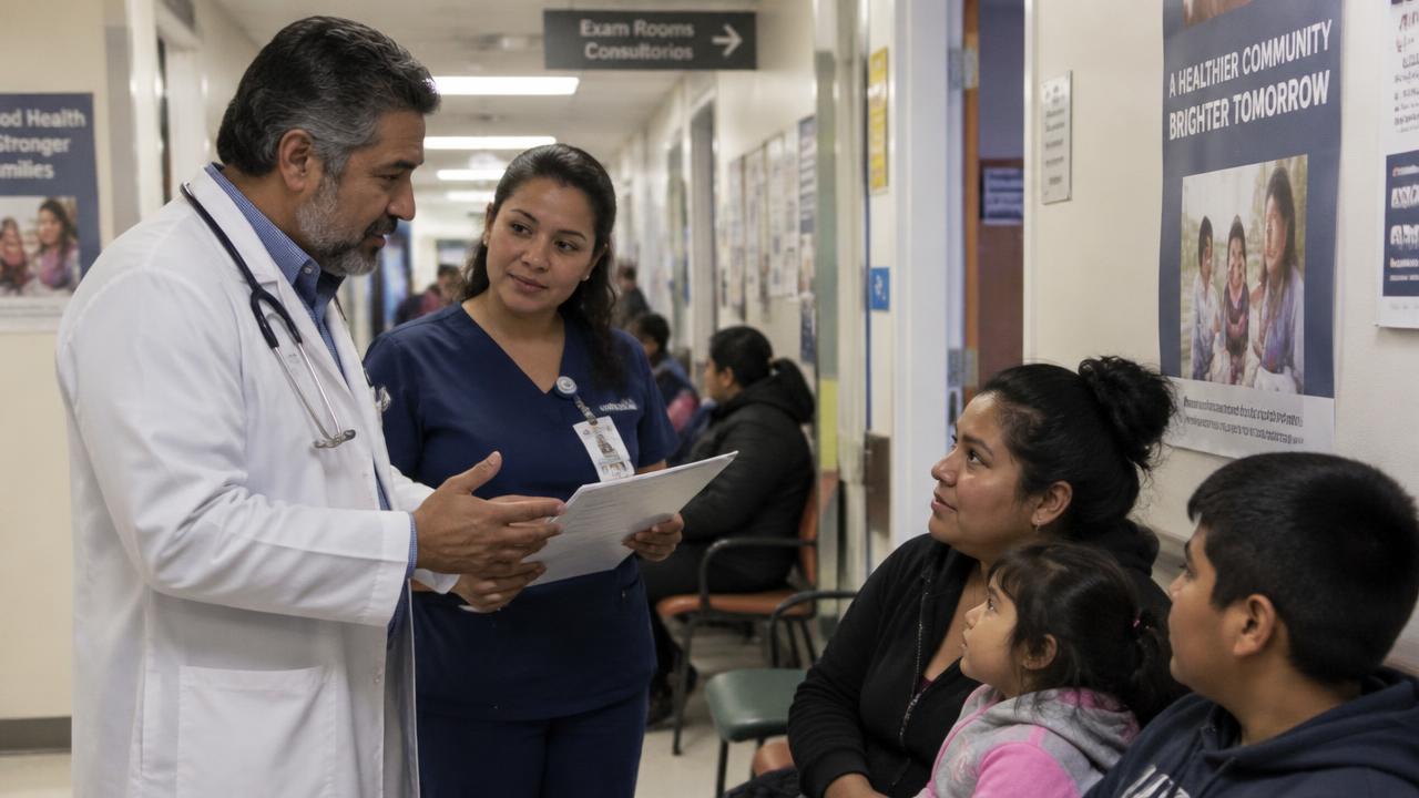 Physician, nurse, and pharmacist speaking Spanish with a Hispanic patient family in a bright modern clinic