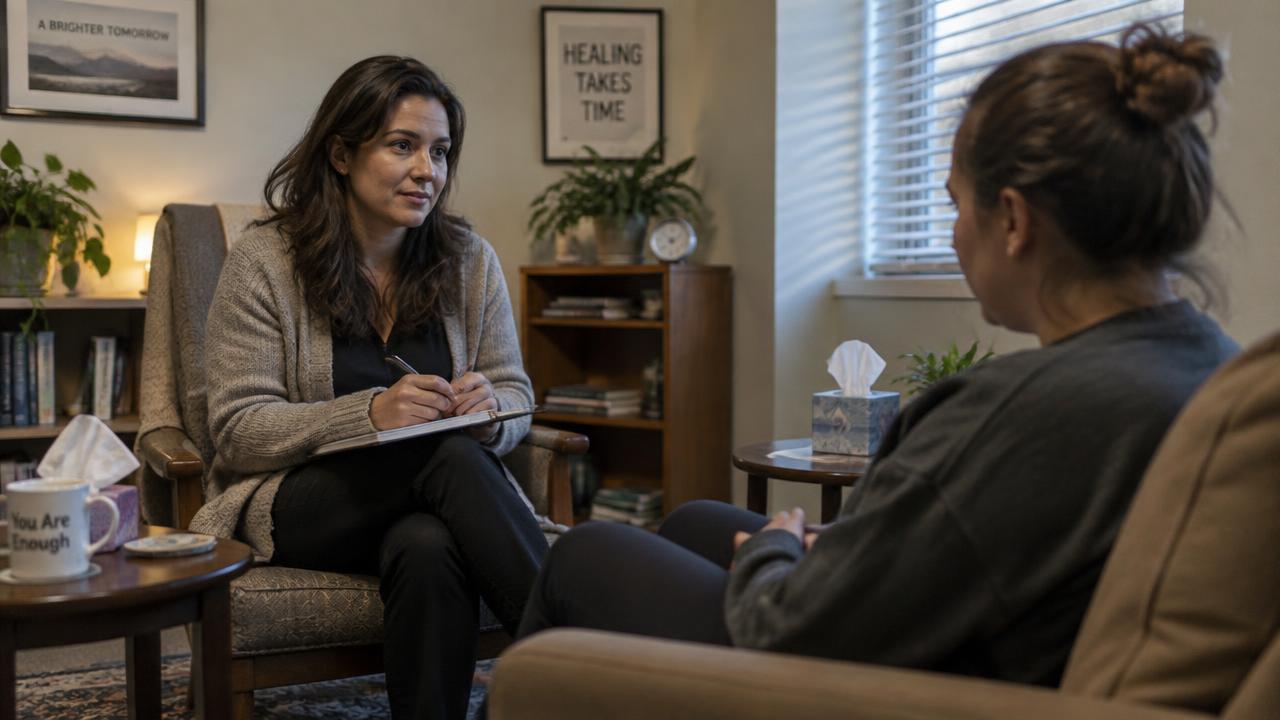 Latina therapist and Hispanic patient in a softly lit therapy office, calm and empathetic conversation