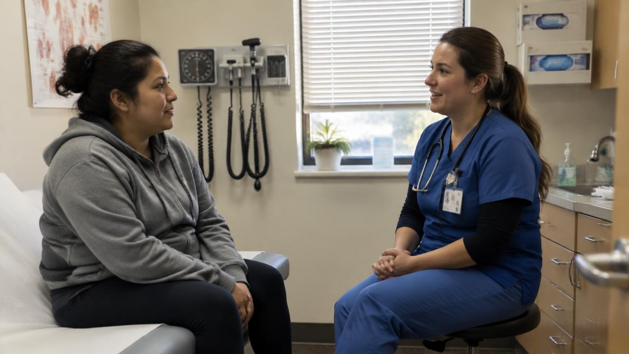 Physician assistant in clinic speaking Spanish with a Hispanic patient during a routine exam